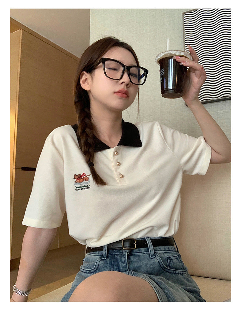 【H6717】實拍韓國復古質感刺繡圖案PoloT恤230705