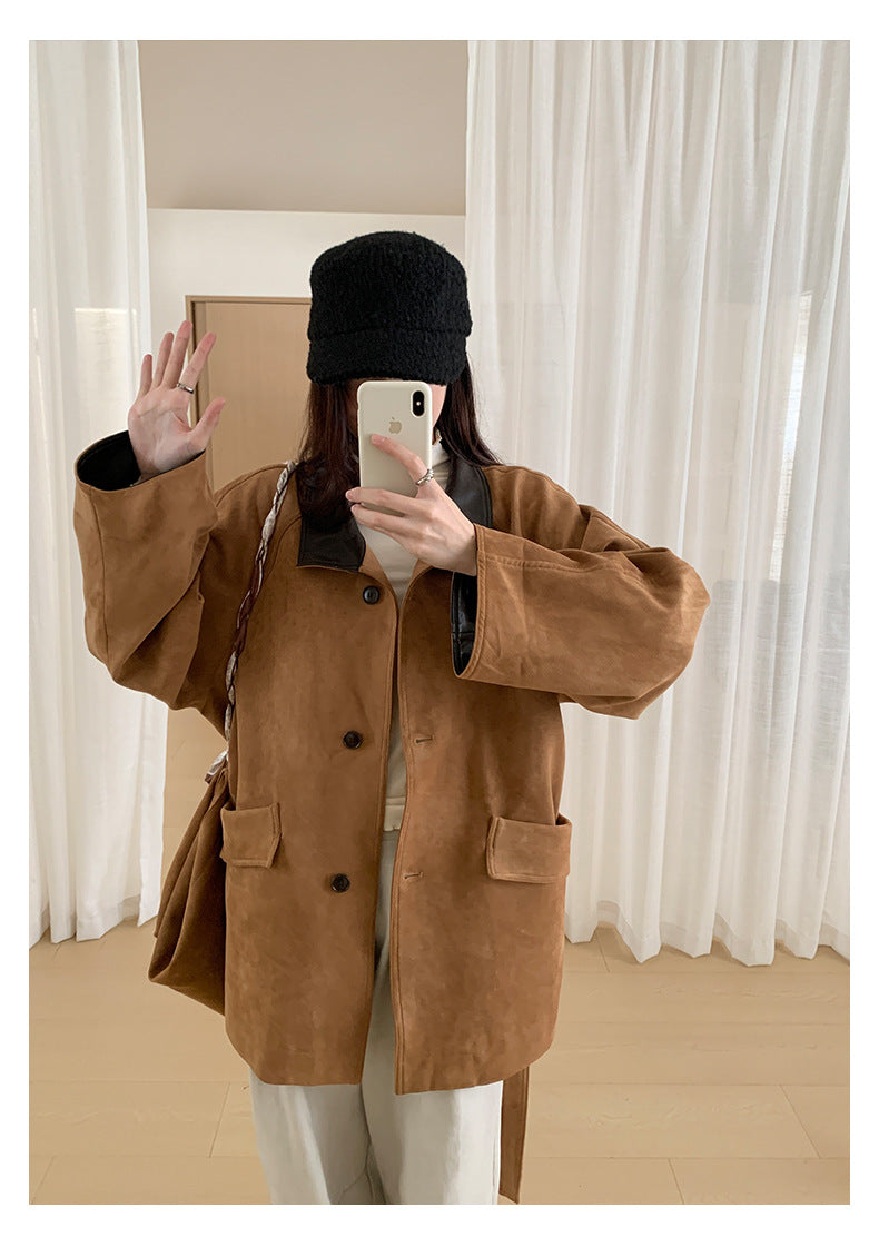 【H569】實拍復古個性皮革拼麂皮絨大衣外套＋麂皮肩背包251021