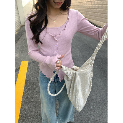 【H5005】實拍春天溫柔荷葉假兩件針織衫250210