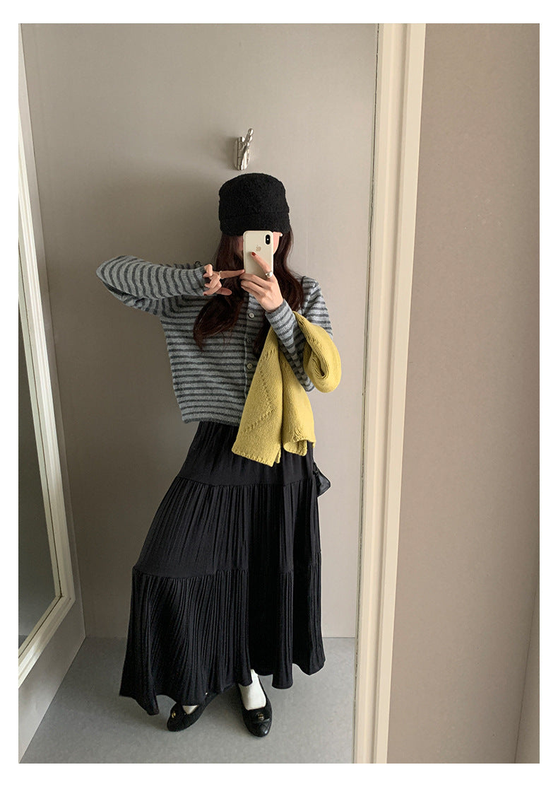 【H5476】實拍秋冬質感簡約細摺鬆緊腰a字傘裙251109