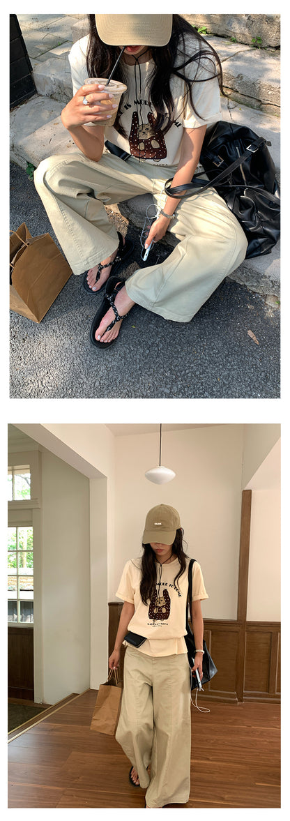 【H5165】實拍夏天帶一隻貓咪出門印花寬鬆短袖250407