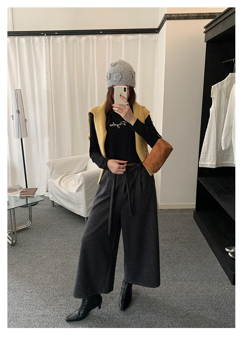 【H5491】實拍秋冬毛呢鬆緊腰加厚闊腿休閒褲251109