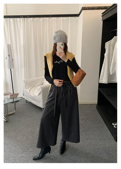 【H5491】實拍秋冬毛呢鬆緊腰加厚闊腿休閒褲251109