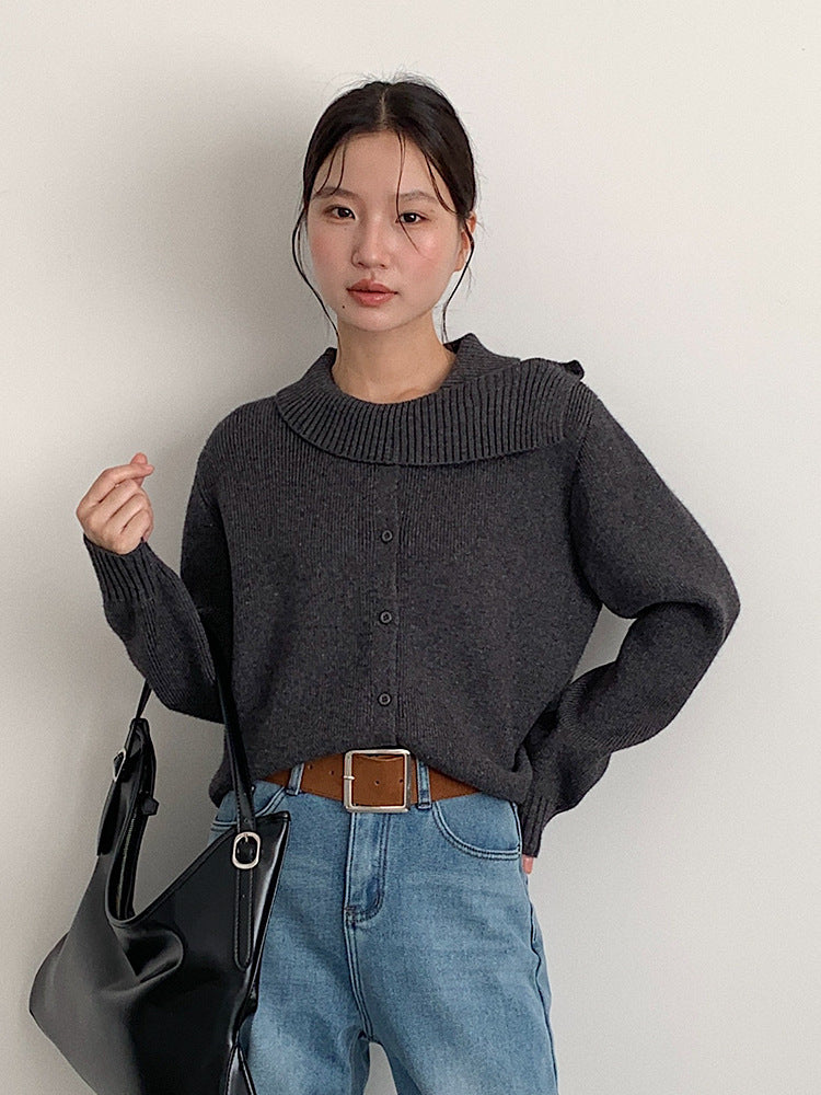 【LD11002】實拍秋冬法式設計感斜領針織毛衣外套251110