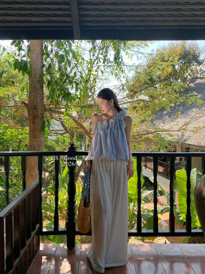 【LD0358W】法式溫柔仙女系🌸立體花朵條紋斜肩無袖上衣260323