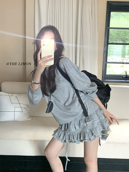 【L9161】實拍檸檬家慵懶少女長袖衞衣+蛋糕裙 2件套250901