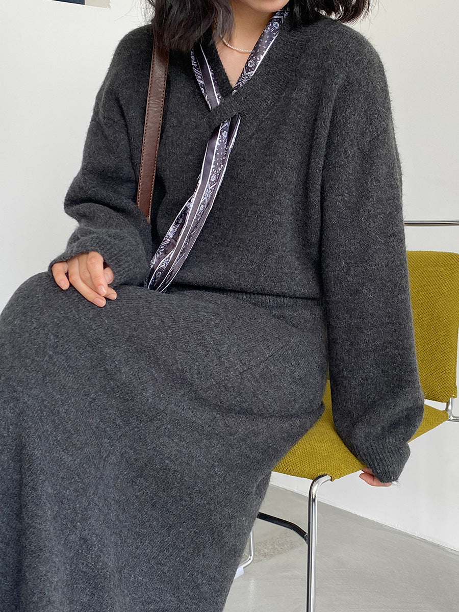 【cim823】實拍韓系軟糯短版針織毛衣+絲巾+針織長裙251030