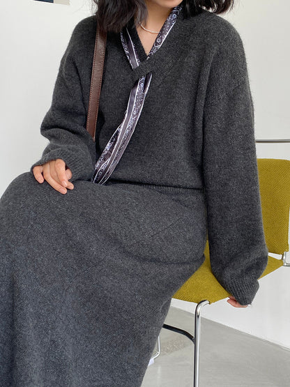 【cim823】實拍韓系軟糯短版針織毛衣+絲巾+針織長裙251030