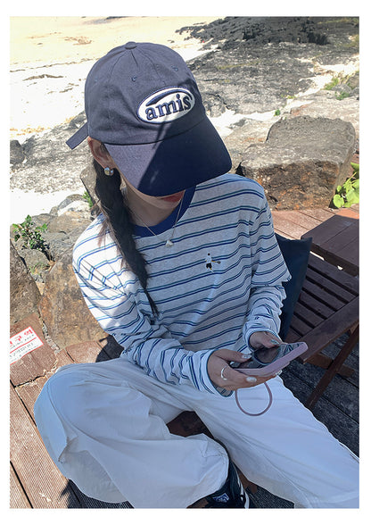 【H5386】實拍寬鬆薄款防曬圓領條紋長袖T恤250902