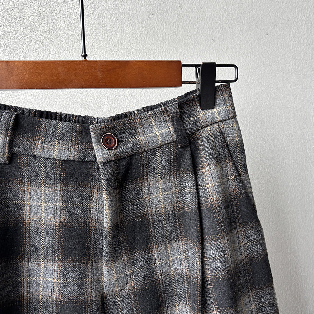 【YG8095】實拍日系復古呢料格紋直筒七分闊腿褲251016