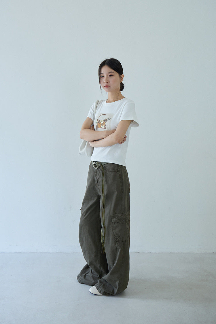【LD11340】Y2K辣妹必備S~XL！軍綠色休閒工裝褲/登山褲/降落傘褲/直筒寬褲260615