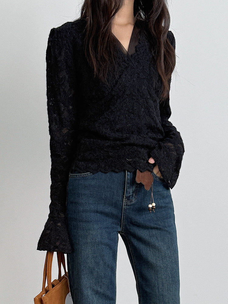 【LD3295】實拍法式喇叭袖加絨蕾絲衫251103