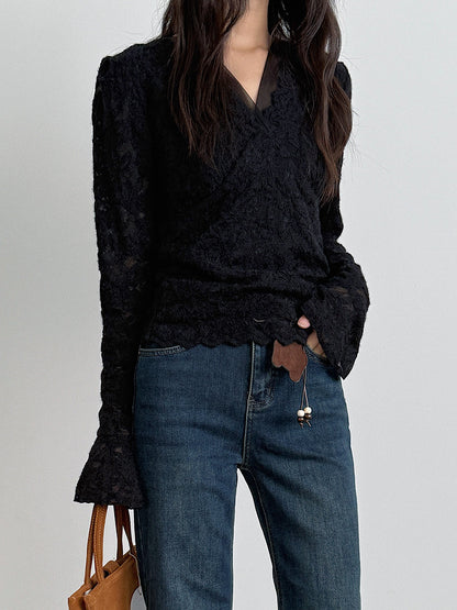 【LD3295】實拍法式喇叭袖加絨蕾絲衫251103