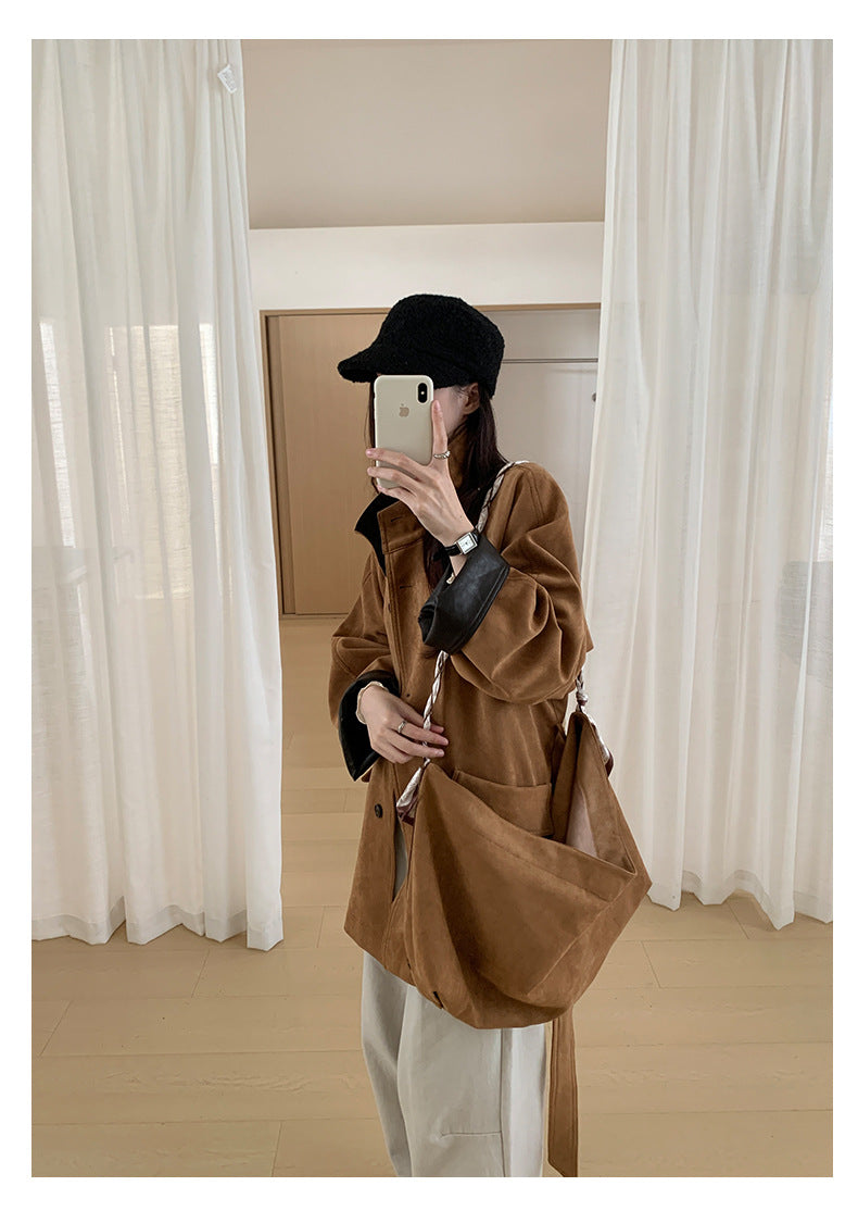 【H569】實拍復古個性皮革拼麂皮絨大衣外套＋麂皮肩背包251021