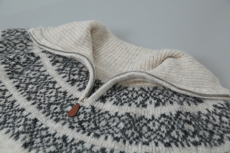 【LD11004】實拍兔絨毛混紡費爾島針織毛衣半拉鏈大翻領251110