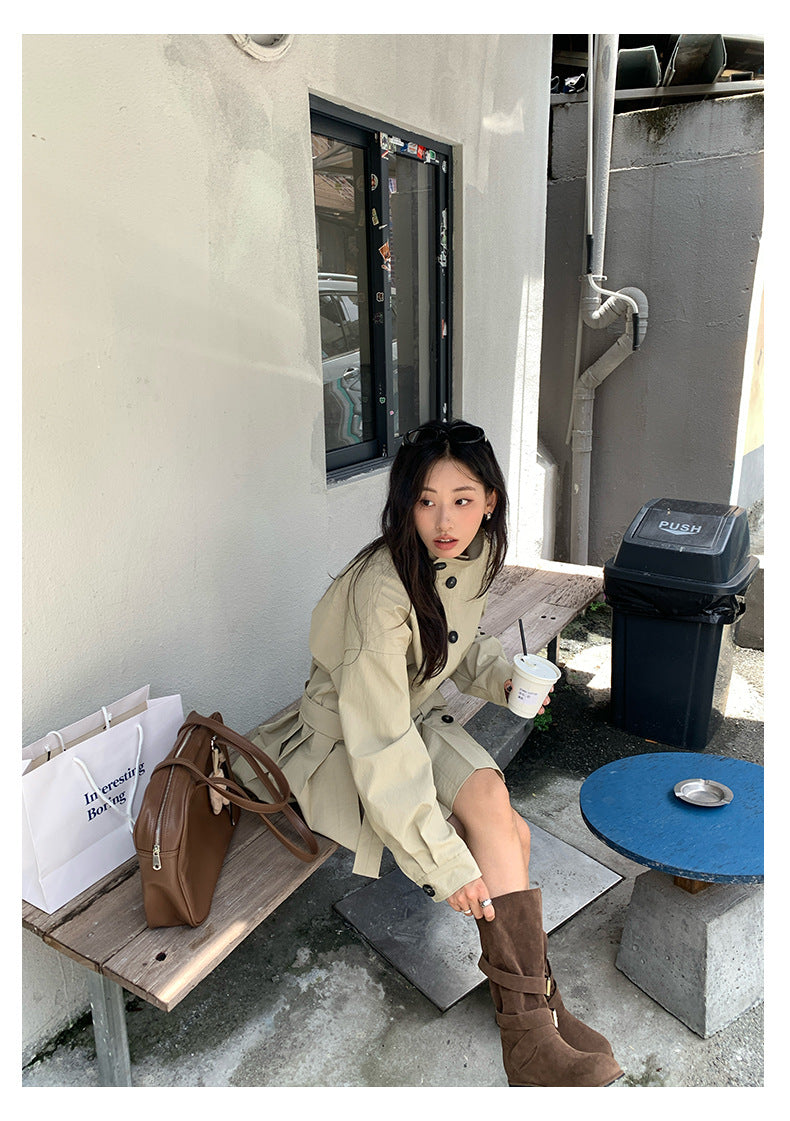 【H5400】實拍韓系慵懶卡其立領收腰風衣外套250902