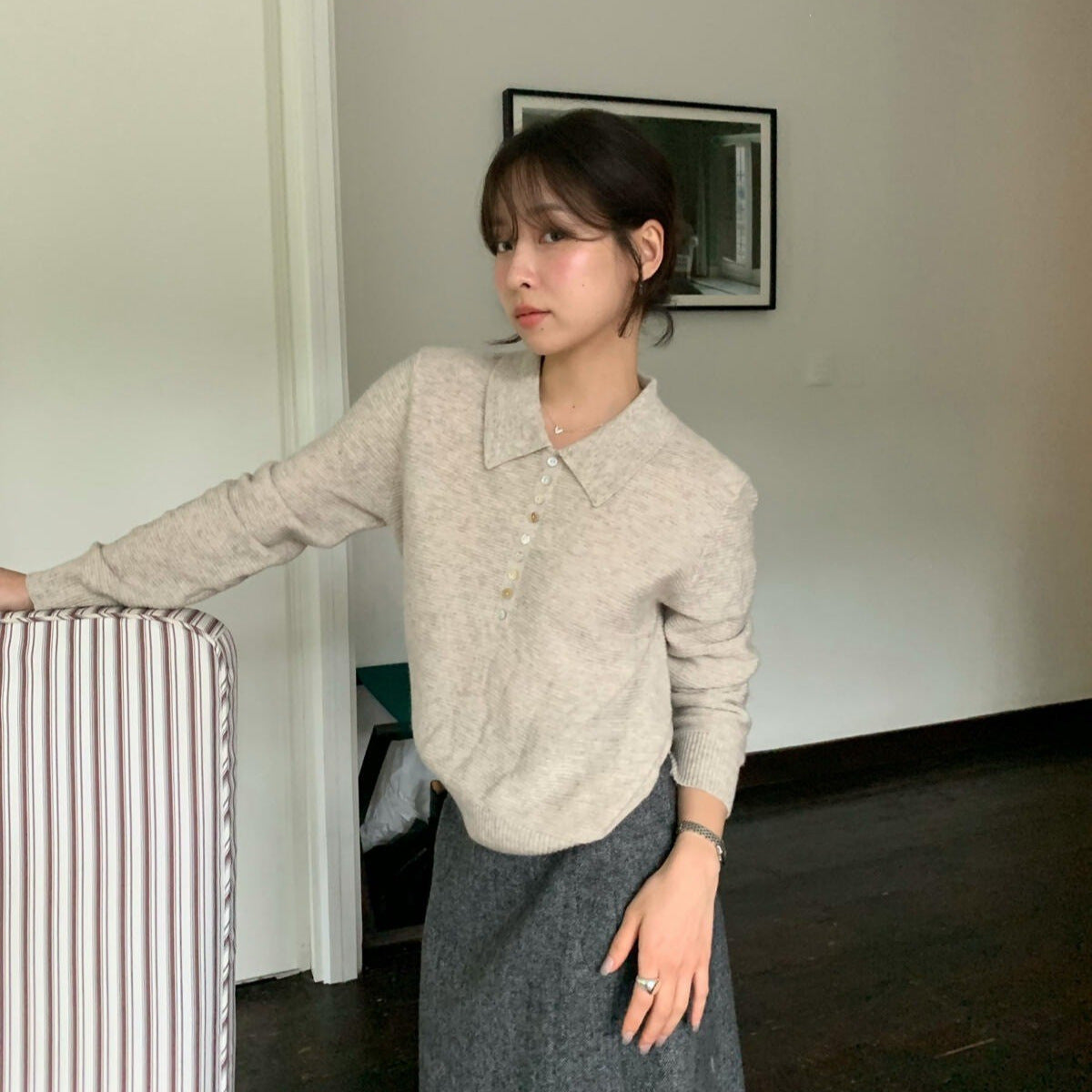 【LS01583】IMISS復古輕質感・羊毛絨翻領修身長袖針織衫260921