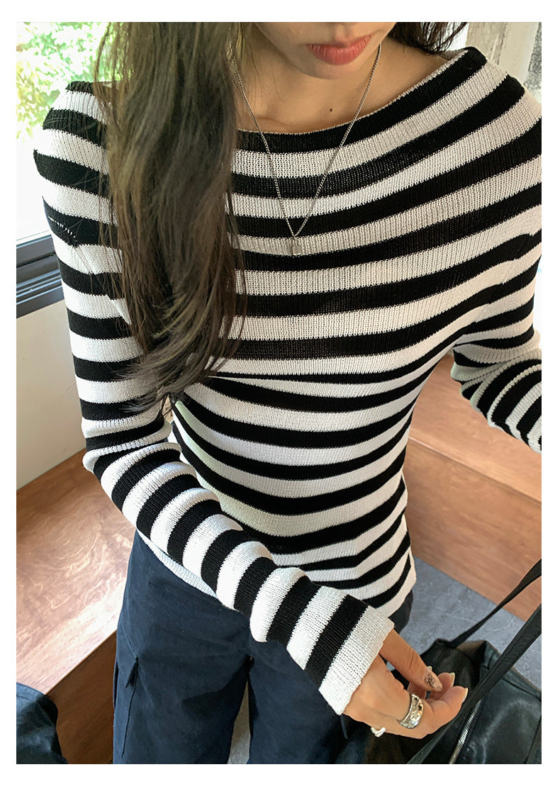 【H5399】實拍韓系簡約氣質一字領露肩針織衫250902