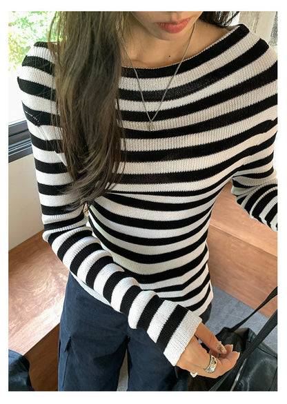 【H5399】實拍韓系簡約氣質一字領露肩針織衫250902