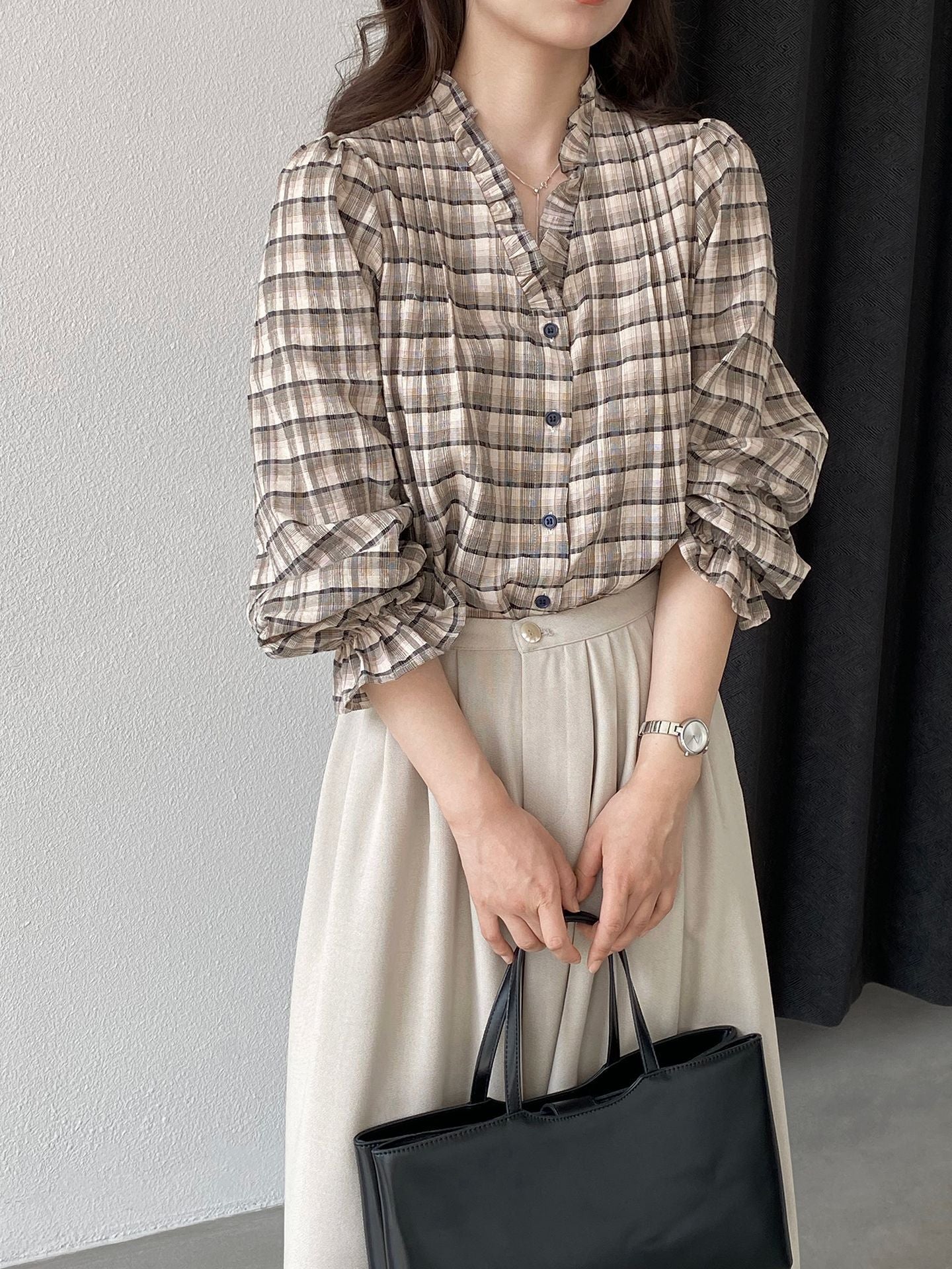 【cimz6509】復古浪漫主義🌹精緻木耳邊格紋長袖襯衫260319