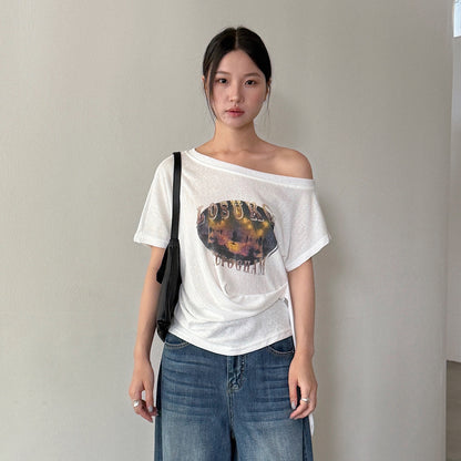 【LD11353】美式街頭微性感💋字母印花綁帶斜肩修身短袖T恤上衣260622