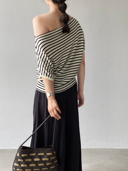 【cimzF672】韓系慵懶微性感✨一字領蝙蝠袖寬鬆條紋短袖針織衫260416