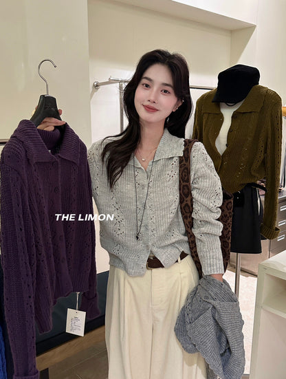 【LSC1072】檸檬簍空polo領針織開衫251117