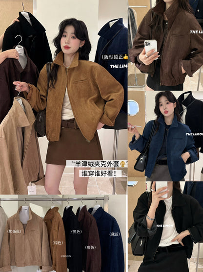 【L9150】實拍檸檬復古寬鬆羊津絨工裝長袖短外套251117