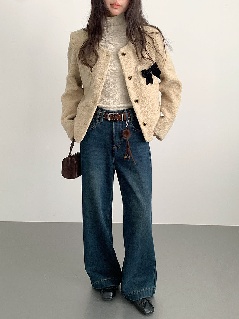 【LD11073】實拍S~XL保暖加絨加厚高腰直筒牛仔褲251209