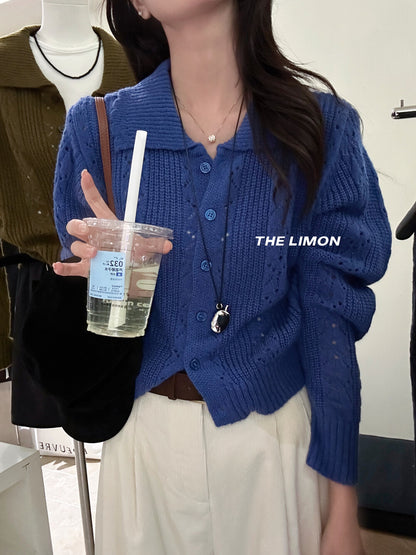 【LSC1072】檸檬簍空polo領針織開衫251117