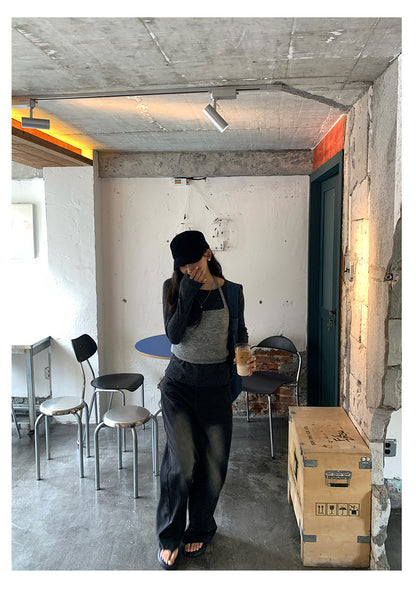 【H5402】實拍復古做舊洗水黑灰色廓形牛仔褲250902