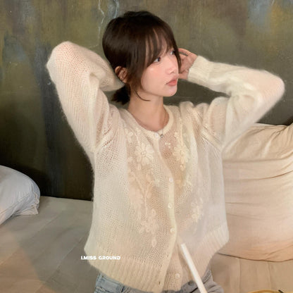 【LR991381】實拍imiss仙氣透膚30%羊毛勾花馬海毛針織外套260305