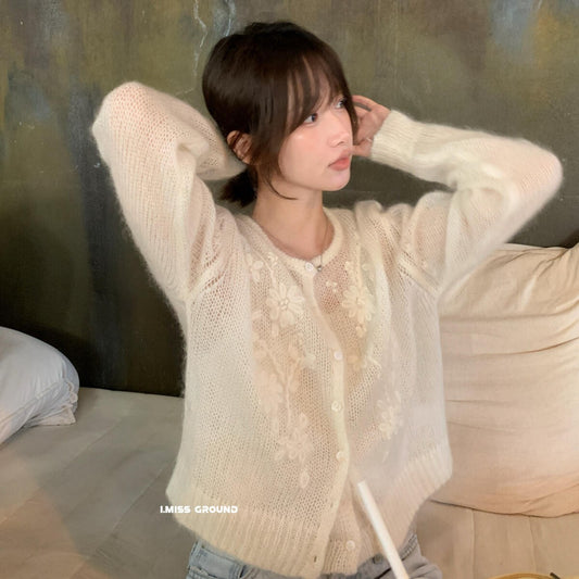 【LR991381】實拍imiss仙氣透膚30%羊毛勾花馬海毛針織外套260305