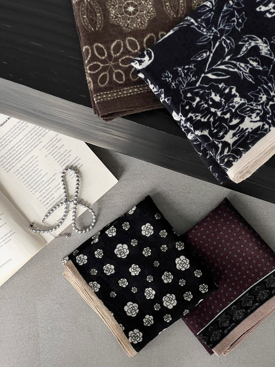 【cim865】實拍黑標100綿羊毛復古山茶花小方巾法式頭巾圍巾 251030