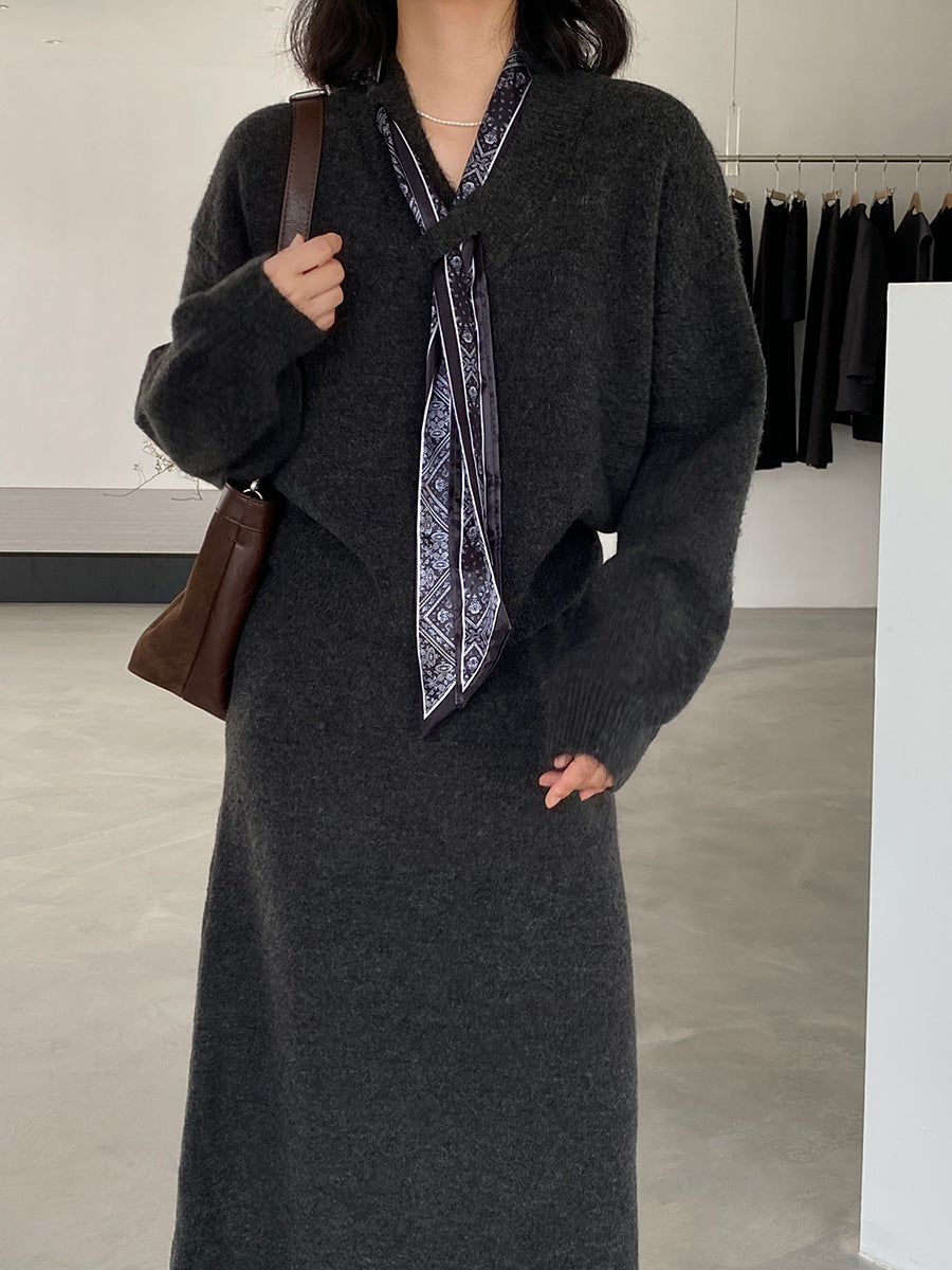 【cim823】實拍韓系軟糯短版針織毛衣+絲巾+針織長裙251030