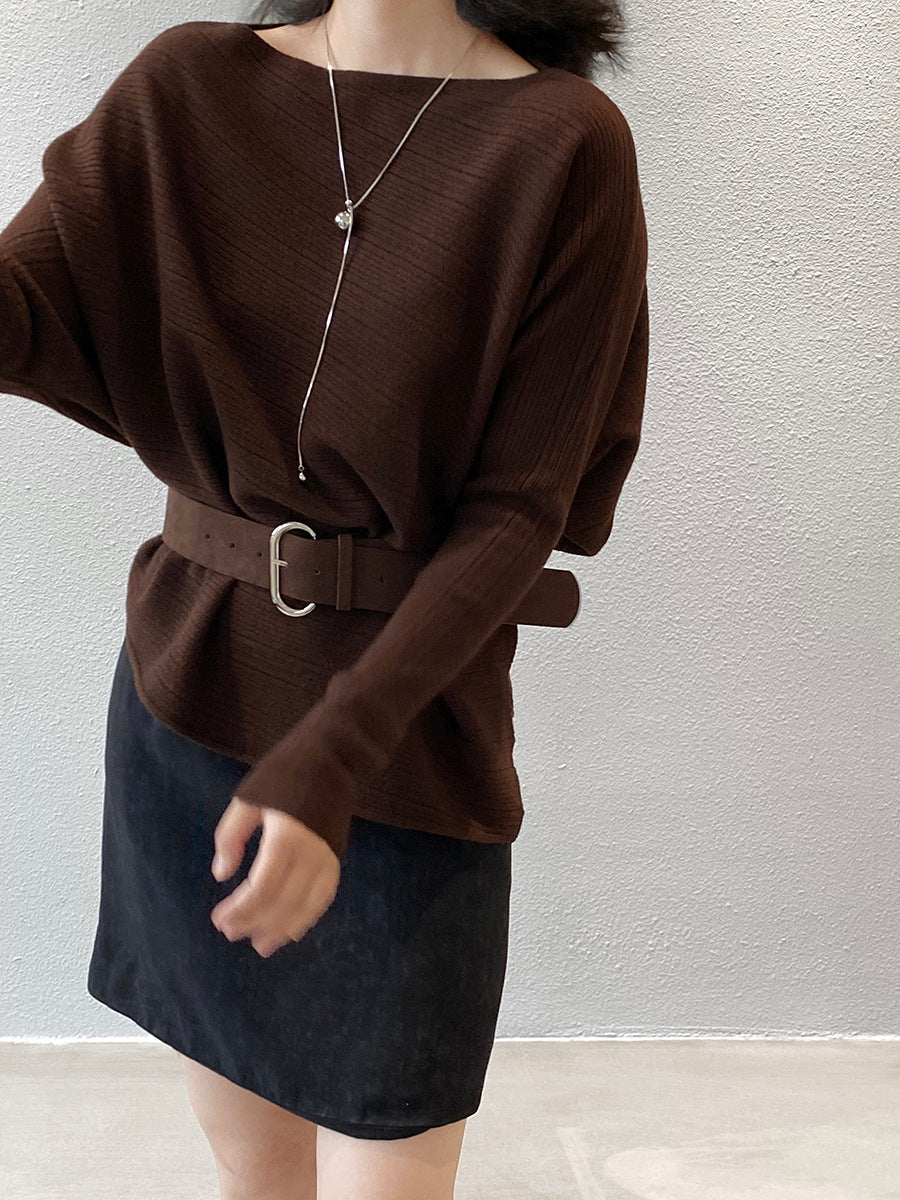 【cim9033】實拍韓系高級感長袖斜肩針織衫＋腰帶251030