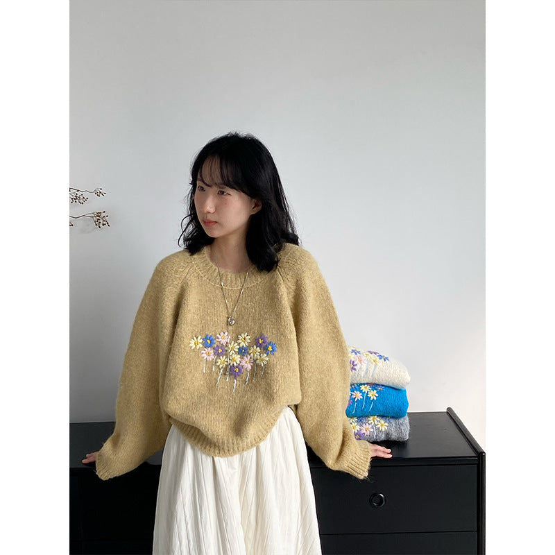 【cimz1394】實拍清新手工立體刺繡小花羊毛針織毛衣（羊毛8%)251128