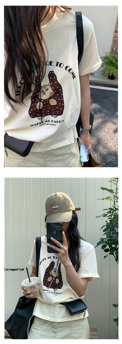 【H5165】實拍夏天帶一隻貓咪出門印花寬鬆短袖250407