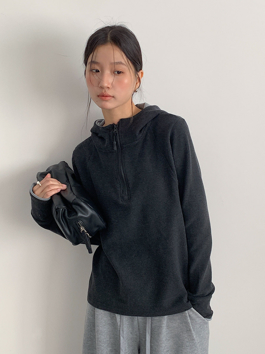【LD11028】實拍德絨舒適極簡半拉鍊連帽衞衣251124