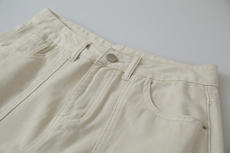 【LD11373】美式S~XL復古百搭👖水洗棉分割設計高腰顯瘦牛仔七分寬褲260630