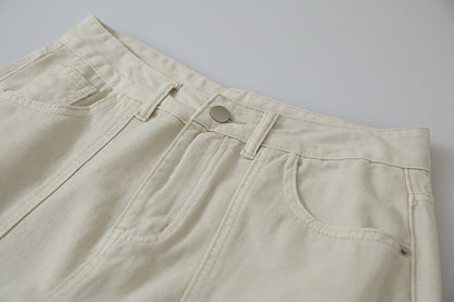 【LD11373】美式S~XL復古百搭👖水洗棉分割設計高腰顯瘦牛仔七分寬褲260630