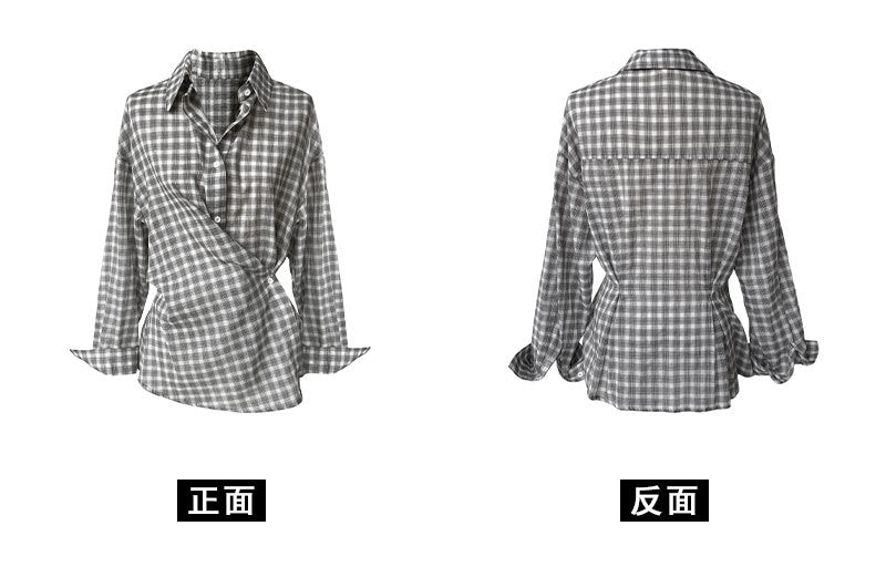 【cimz1978】 復古時髦・斜釦格紋純棉長袖後背縮腰襯衫260903