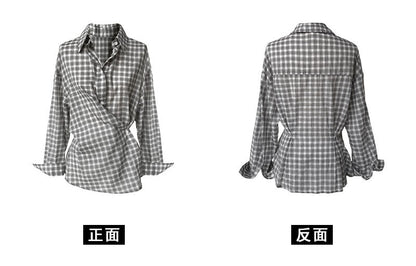 【cimz1978】 復古時髦・斜釦格紋純棉長袖後背縮腰襯衫260903