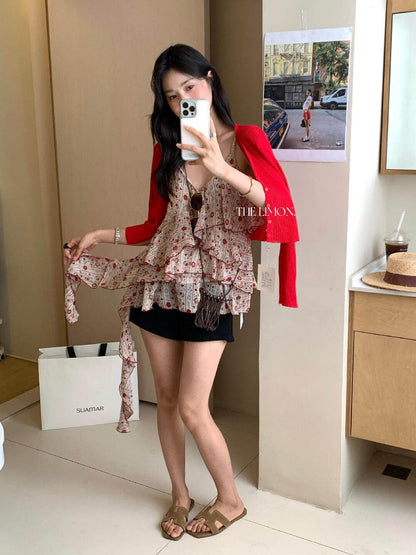 【L10658】復古甜美少女感🎀浪漫碎花飄帶荷葉邊無袖細肩帶背心上衣260518