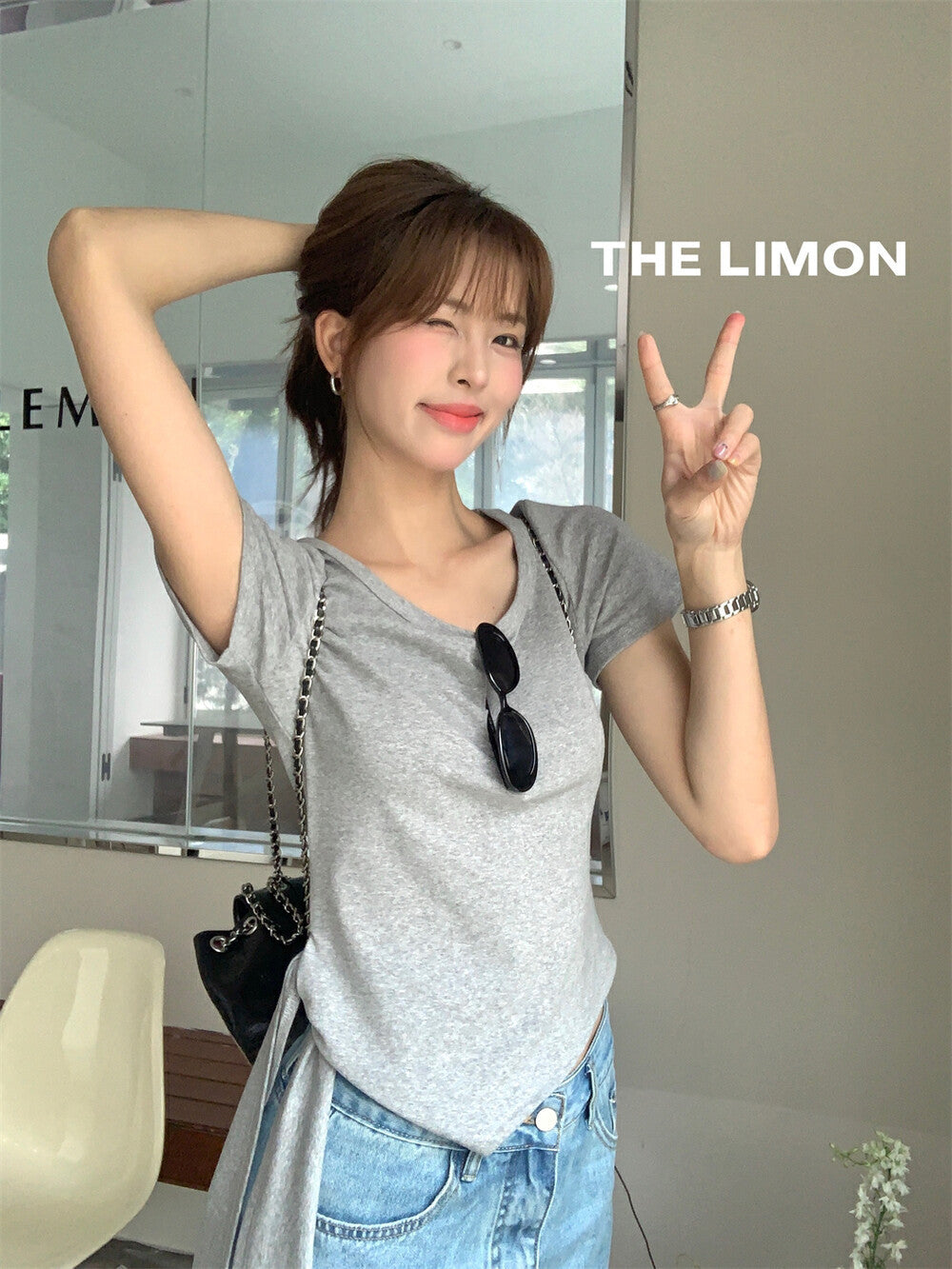 【L8668】實拍檸檬圓領綁帶不規則短袖T恤250421