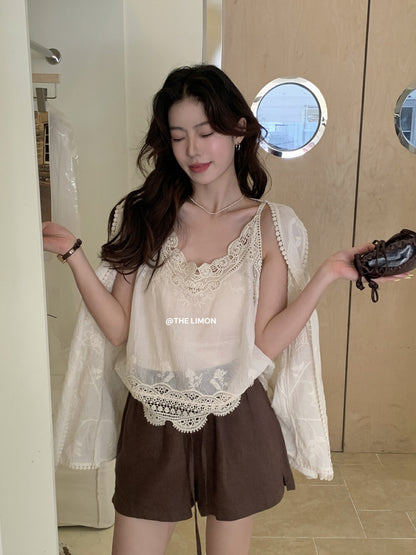 【L8661】實拍檸檬夏秋高級感刺繡防曬衫+吊帶背心套裝250915