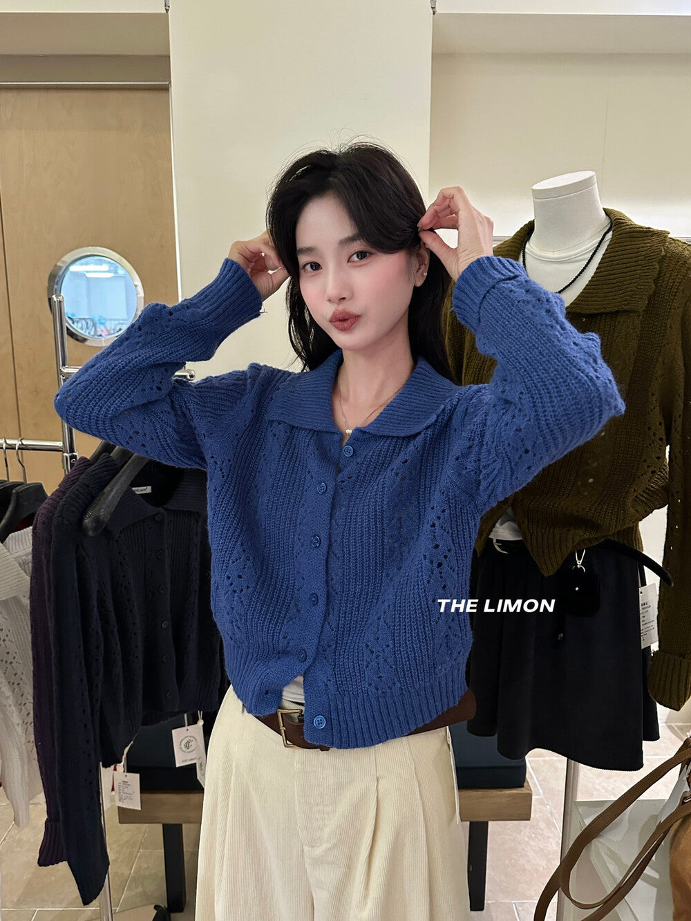 【LSC1072】檸檬簍空polo領針織開衫251117