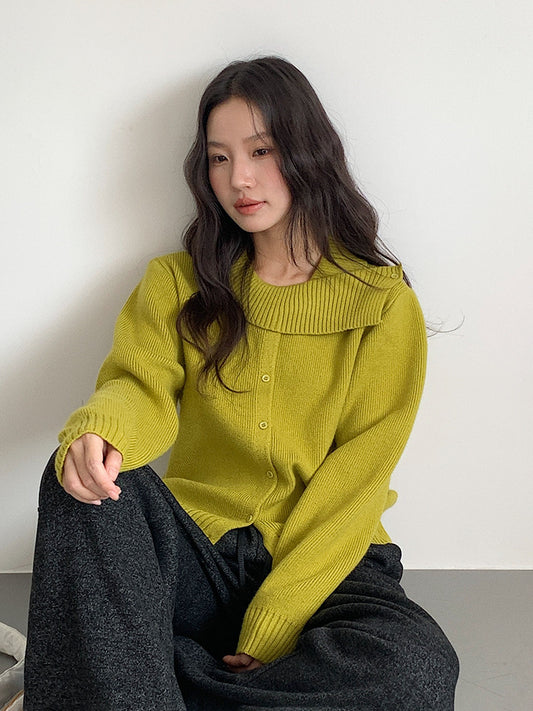 【LD11002】實拍秋冬法式設計感斜領針織毛衣外套251110