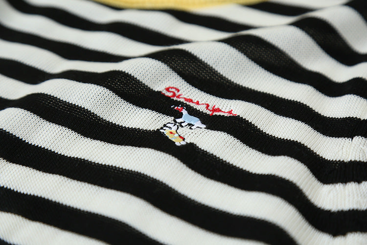 【LD11220】實拍休閒百搭經典款🐎小馬刺繡條紋寬鬆圓領短袖針織上衣260407
