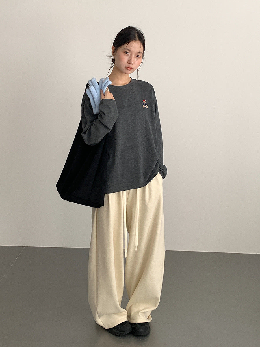 【LD11025】實拍舒適小熊刺繡寬鬆長袖T恤251124